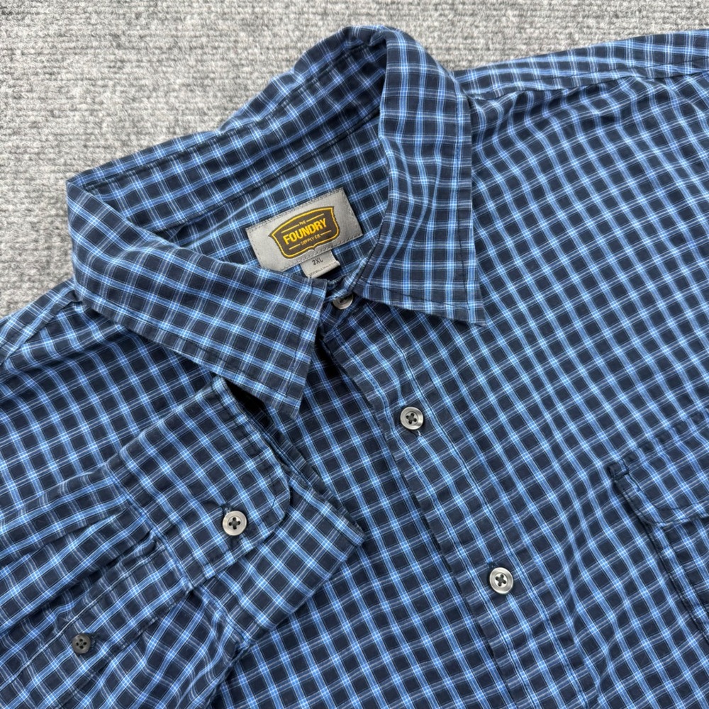 The Foundry Button Down Shirt 2XL Dual Blue Plaid Long Sleeve Men's